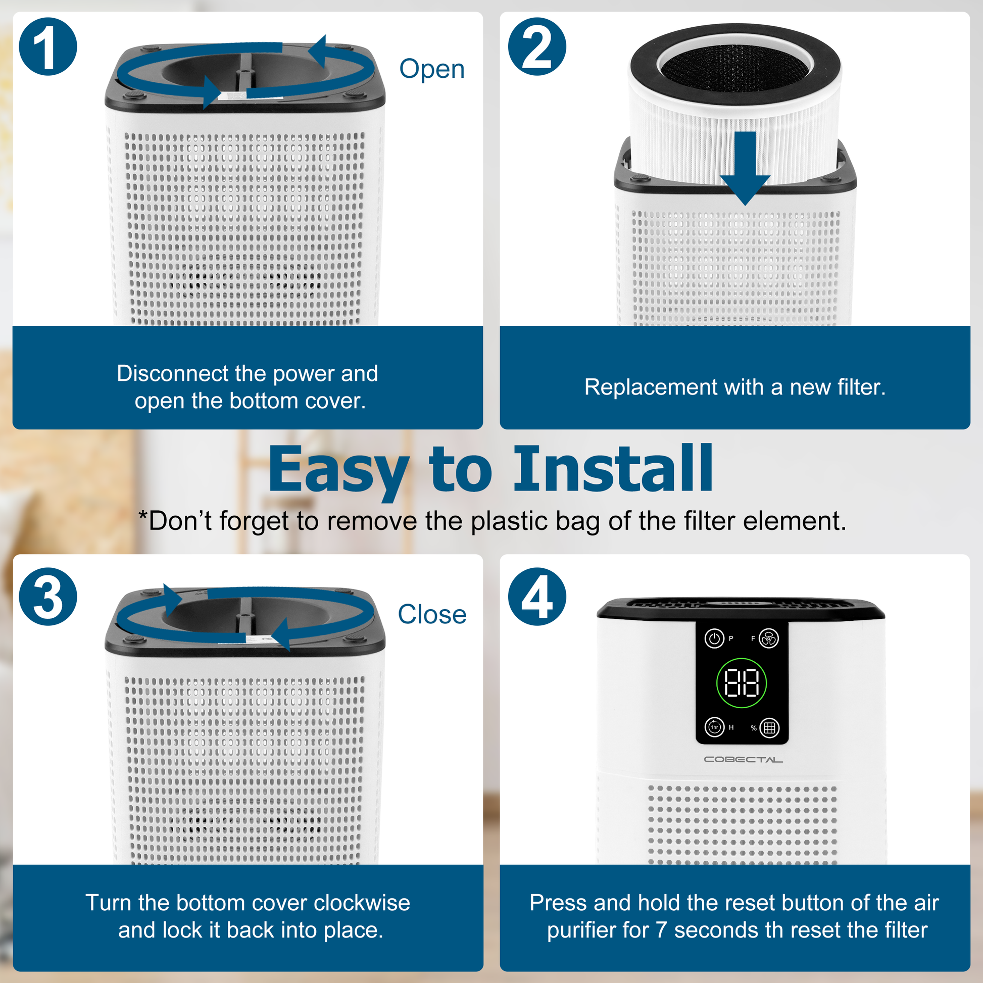 Cobectal ZQA-2000 Air purifier filter: Easy to install – disconnect power, replace filter, lock cover, reset. Simple steps for fresh air.
