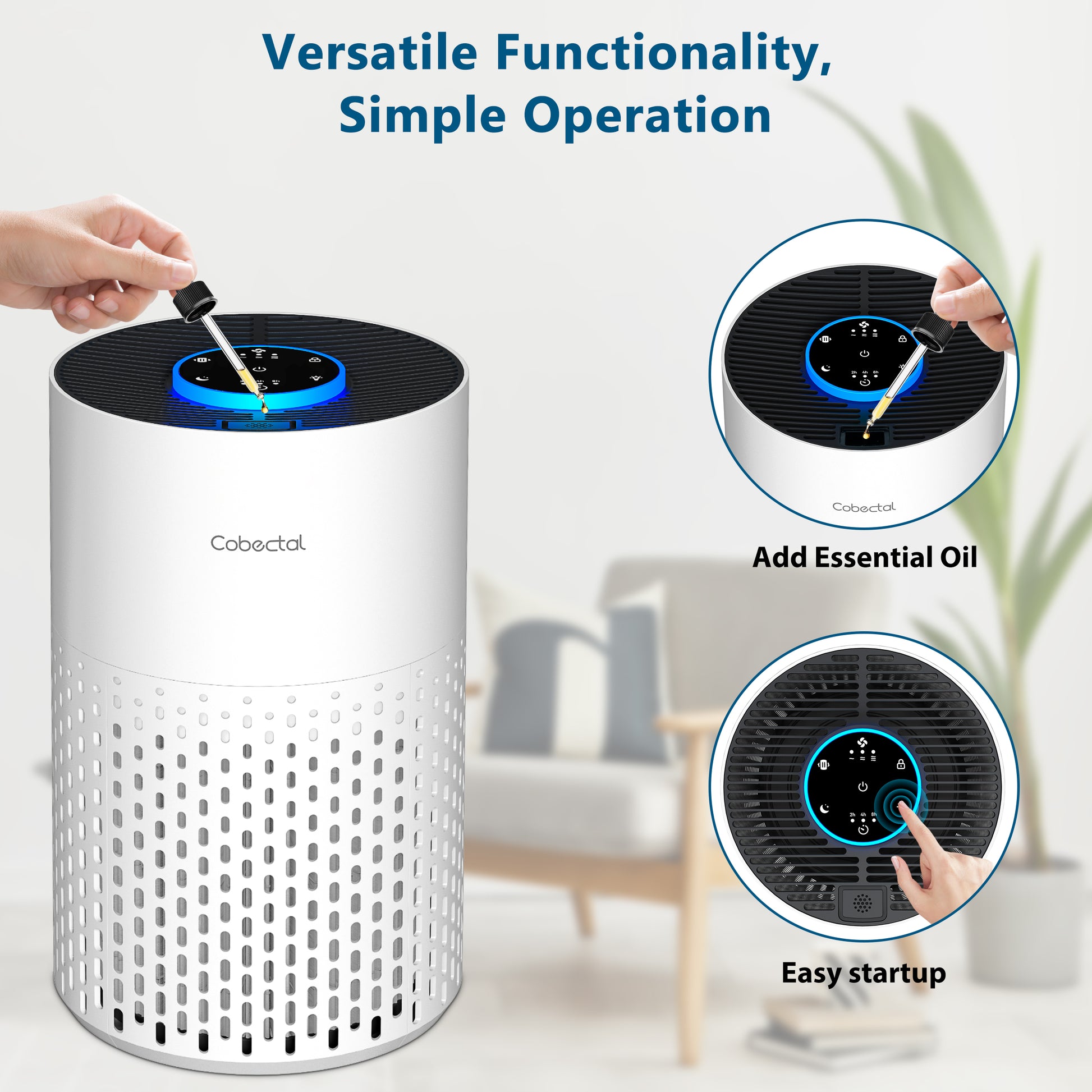 Cobectal  ZQA-4000B Air Purifier: Versatile functionality with simple operation—add essential oil for a fragrant touch, easy startup via intuitive controls. Perfect for a customized, fresh-air experience at home.