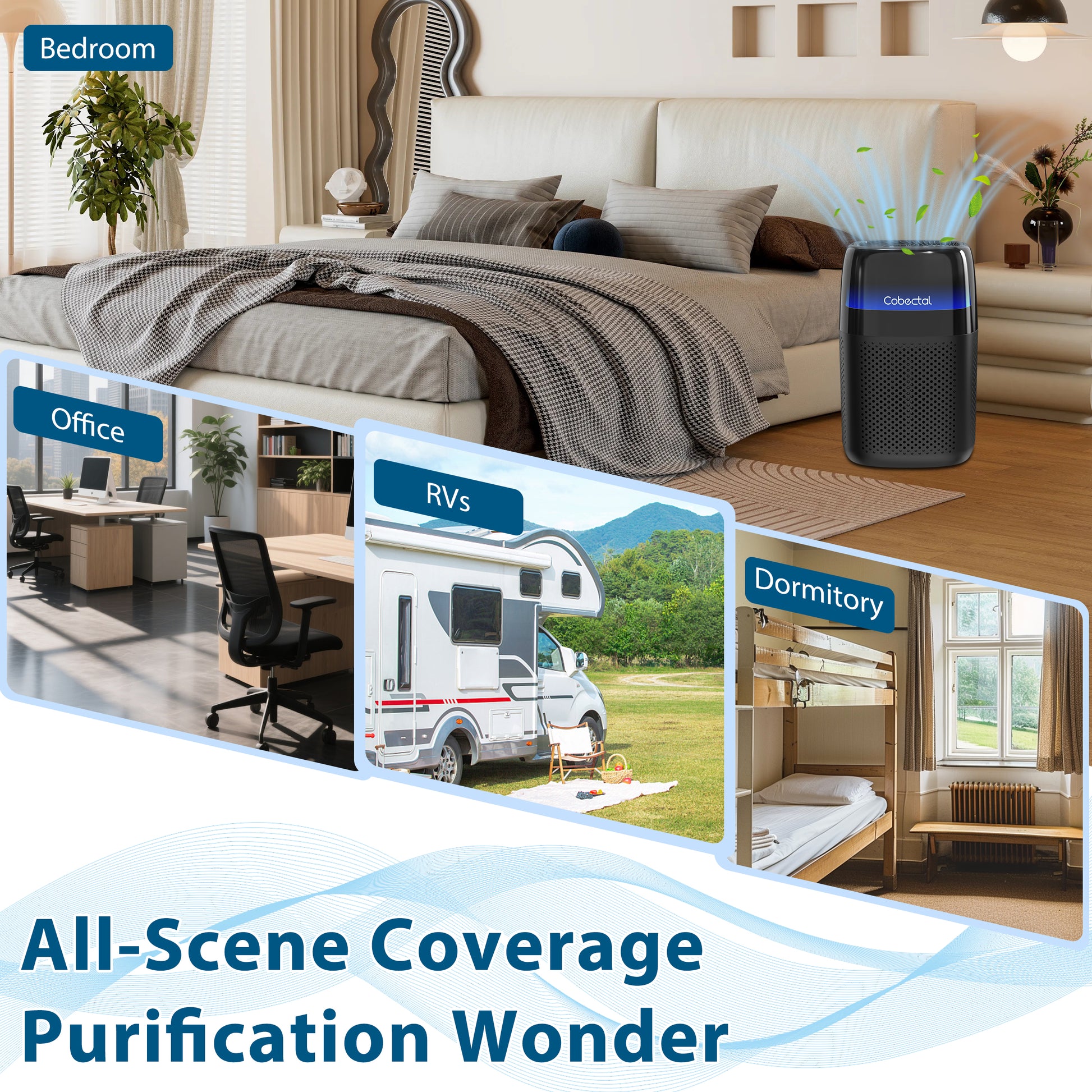 Black Cobectal ZQA-5000A Air Purifier, All-Scene Portable Air Cleaner for Bedroom, Office, RV and Dormitory Multi-space Indoor Air Purification