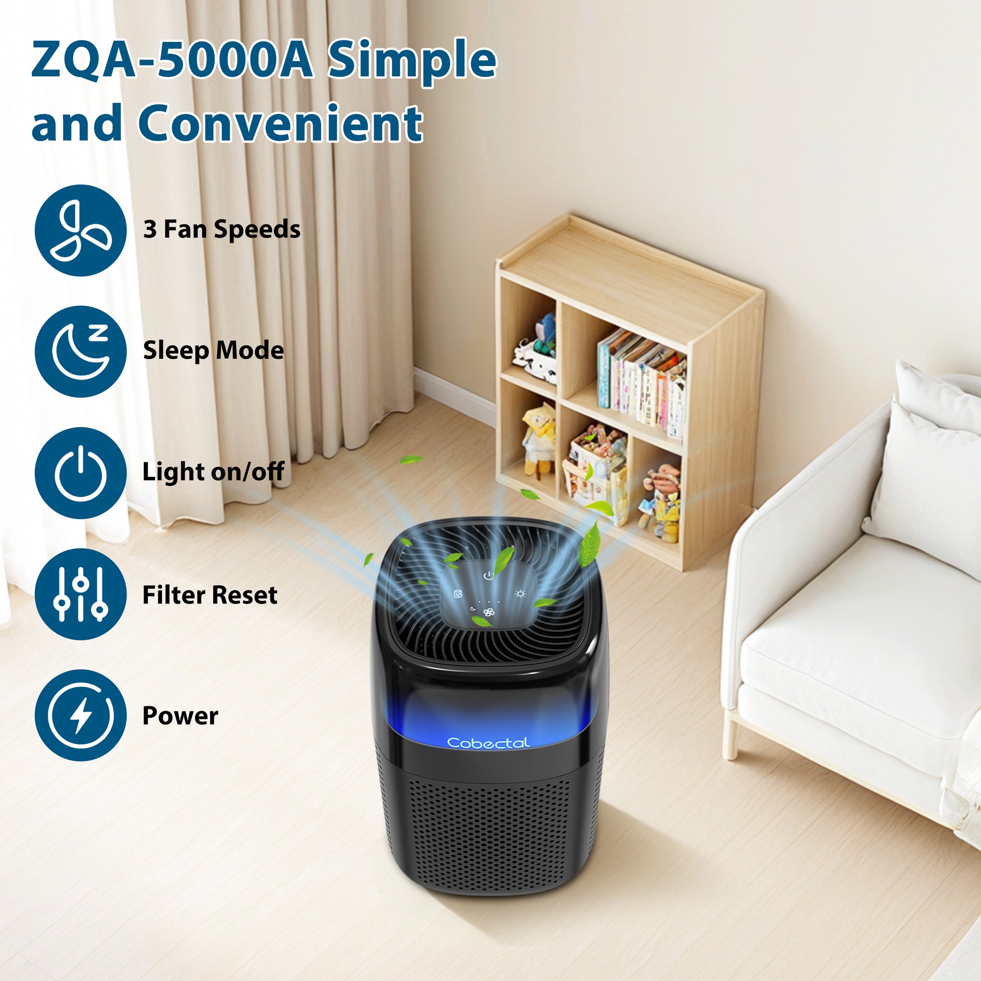 Black Cobectal ZQA-5000A Air Purifier, Easy Control with 3 Fan Speeds, Sleep Mode, Light On/Off, Filter Reset and Power Button, Compact Household Desktop Air Cleaner