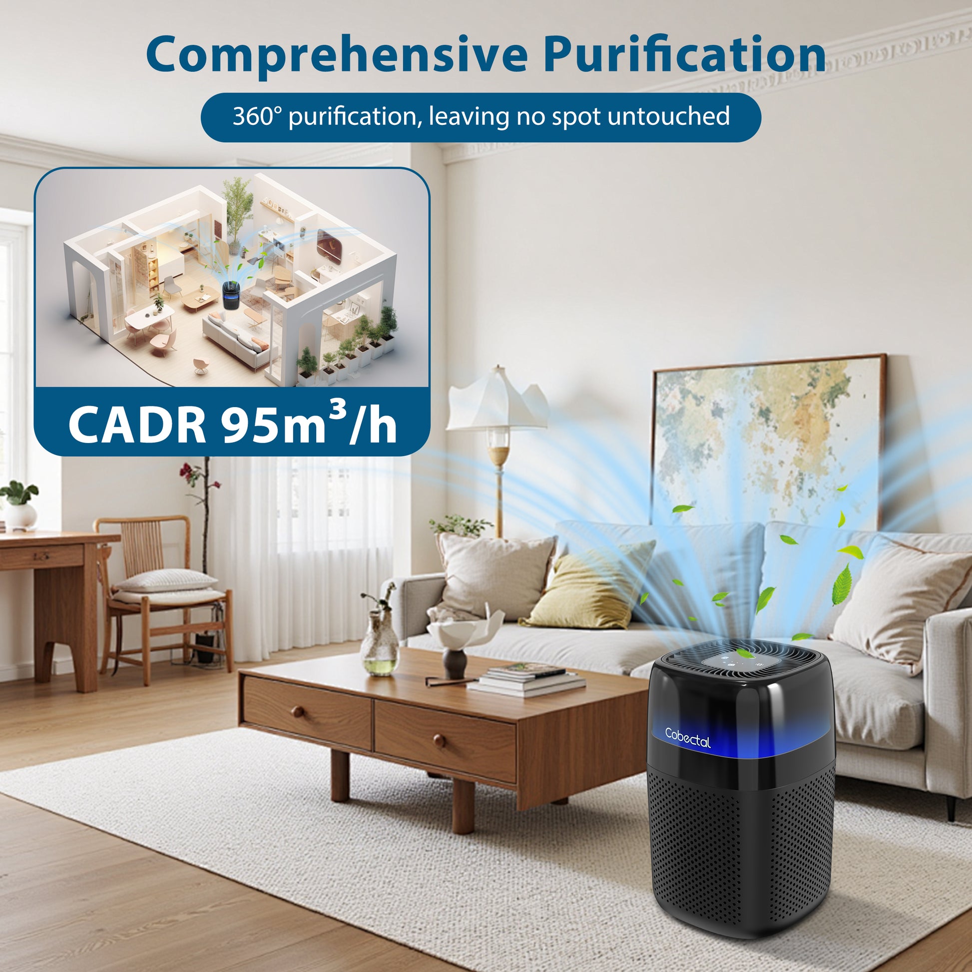 Black Cobectal ZQA-5000A Air Purifier, 360° Comprehensive All-Room Purification, CADR 95m³/h Efficient Household Air Cleaner for Living Room Indoor Use