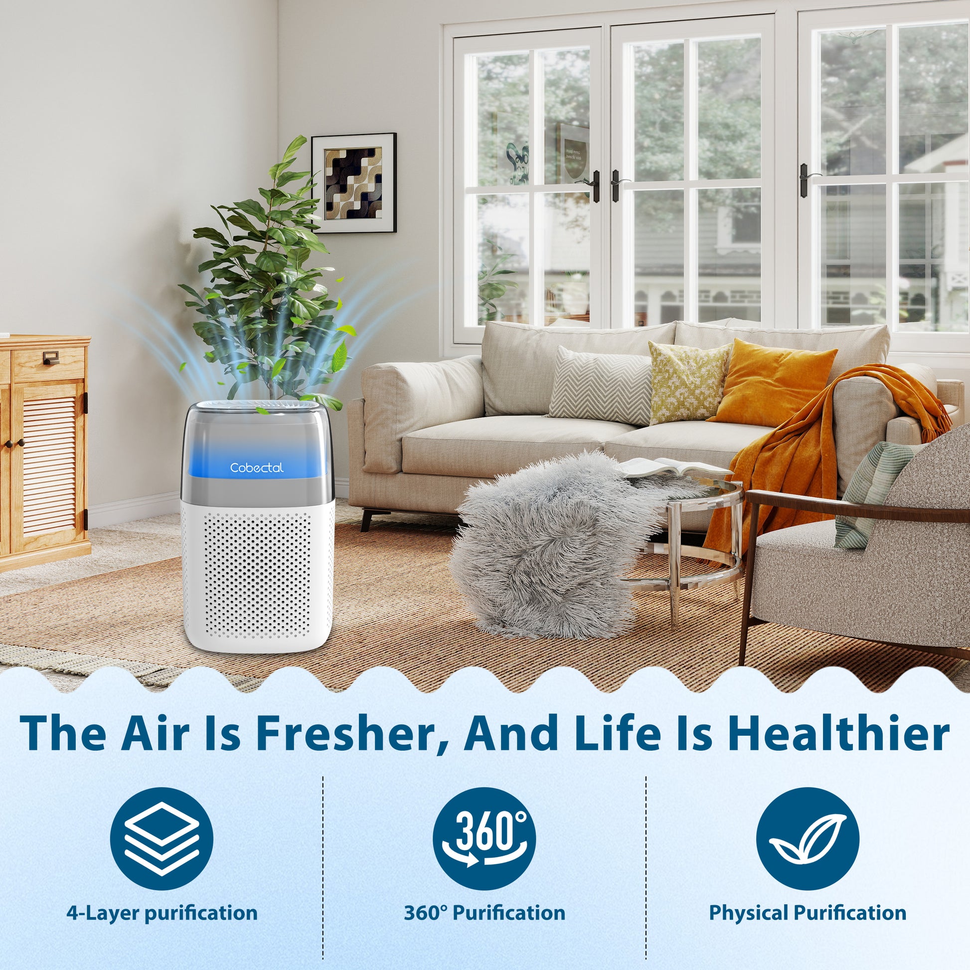 Cobectal ZQA-5000A Air Purifier, 4-Layer 360 Degree Physical Purification, Delivers Fresher Healthier Air for Living Room Household Use