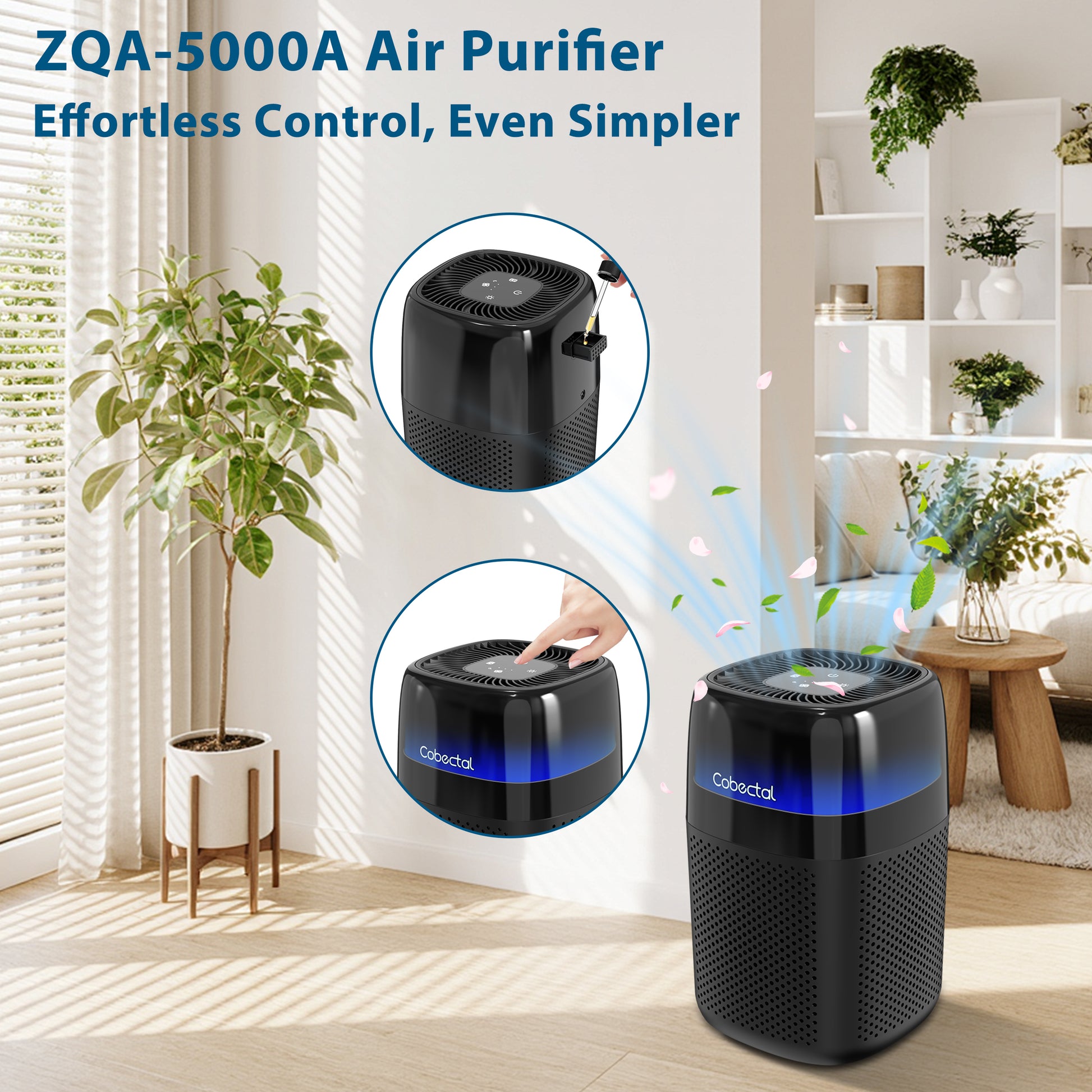 Black Cobectal ZQA-5000A Air Purifier, Easy Touch Control & Built-in Aromatherapy Slot for Essential Oil, Compact Desktop Air Cleaner for Household Indoor Purification