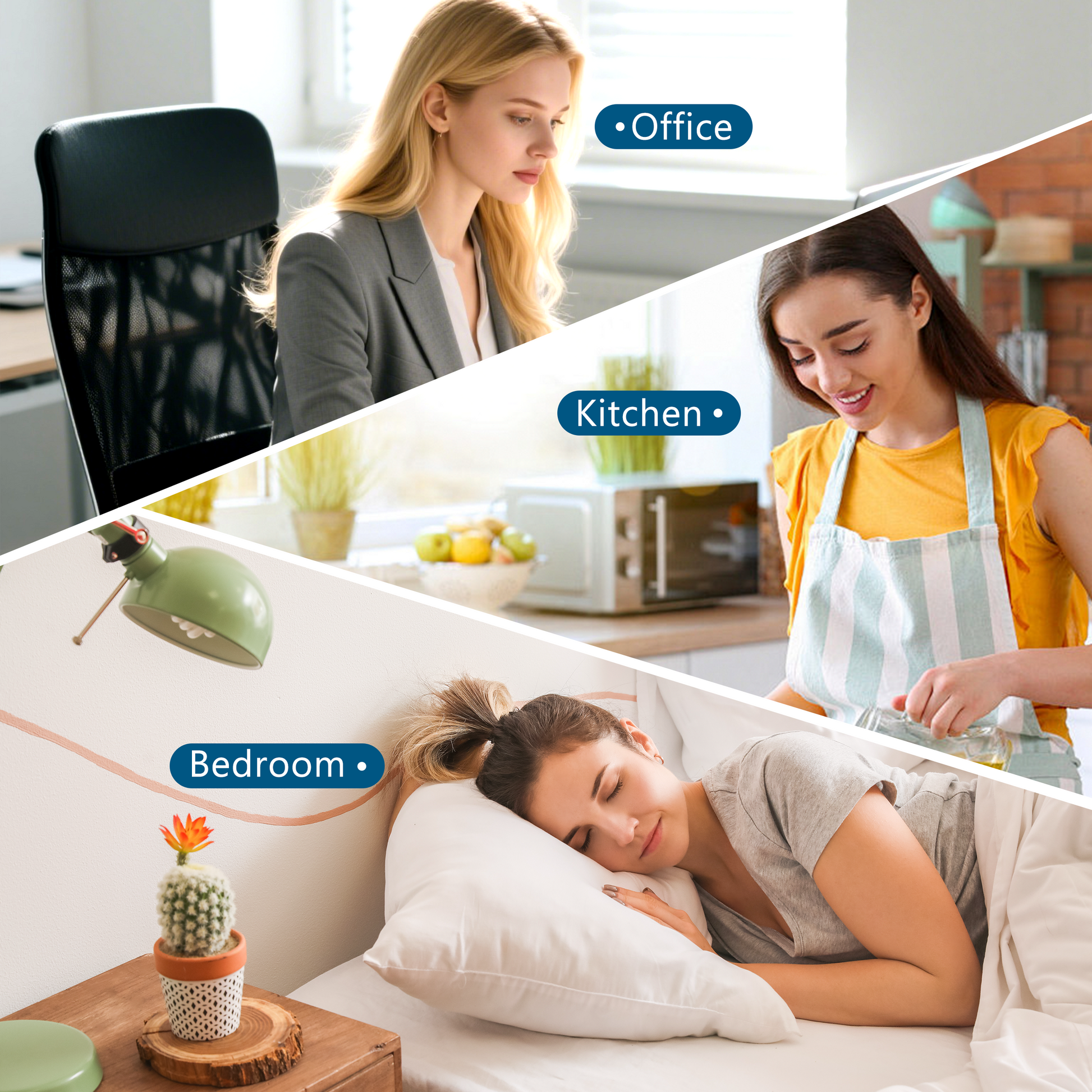 Cobectal air purifier is versatile for multiple scenarios—enjoy clean air in the Office, keep cooking odors at bay in the Kitchen, and breathe fresh air for restful sleep in the Bedroom, making it a perfect fit for every corner of your daily life.