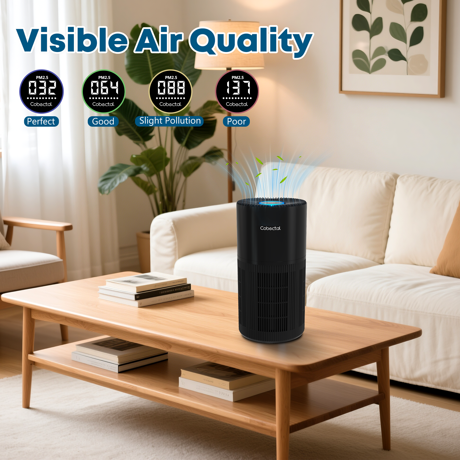 Cobectal® ZQA-6000A Black Air Purifier offers **Visible Air Quality** with PM2.5 monitoring, showing levels from Perfect to Poor, so you can always enjoy clean, fresh air in your cozy living space.