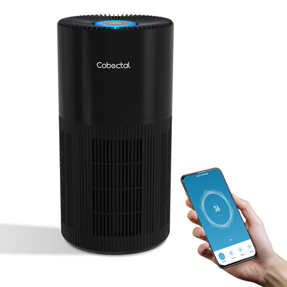 Cabectal ZQA-6000A smart air purifier: Sleek black design with app control. Manage air purification easily via your phone for fresh air.