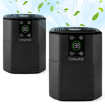 Two black Cobectal ZQ2000A-B air purifiers with digital displays, touch controls, and green leaves and airflow visuals for fresh air. 