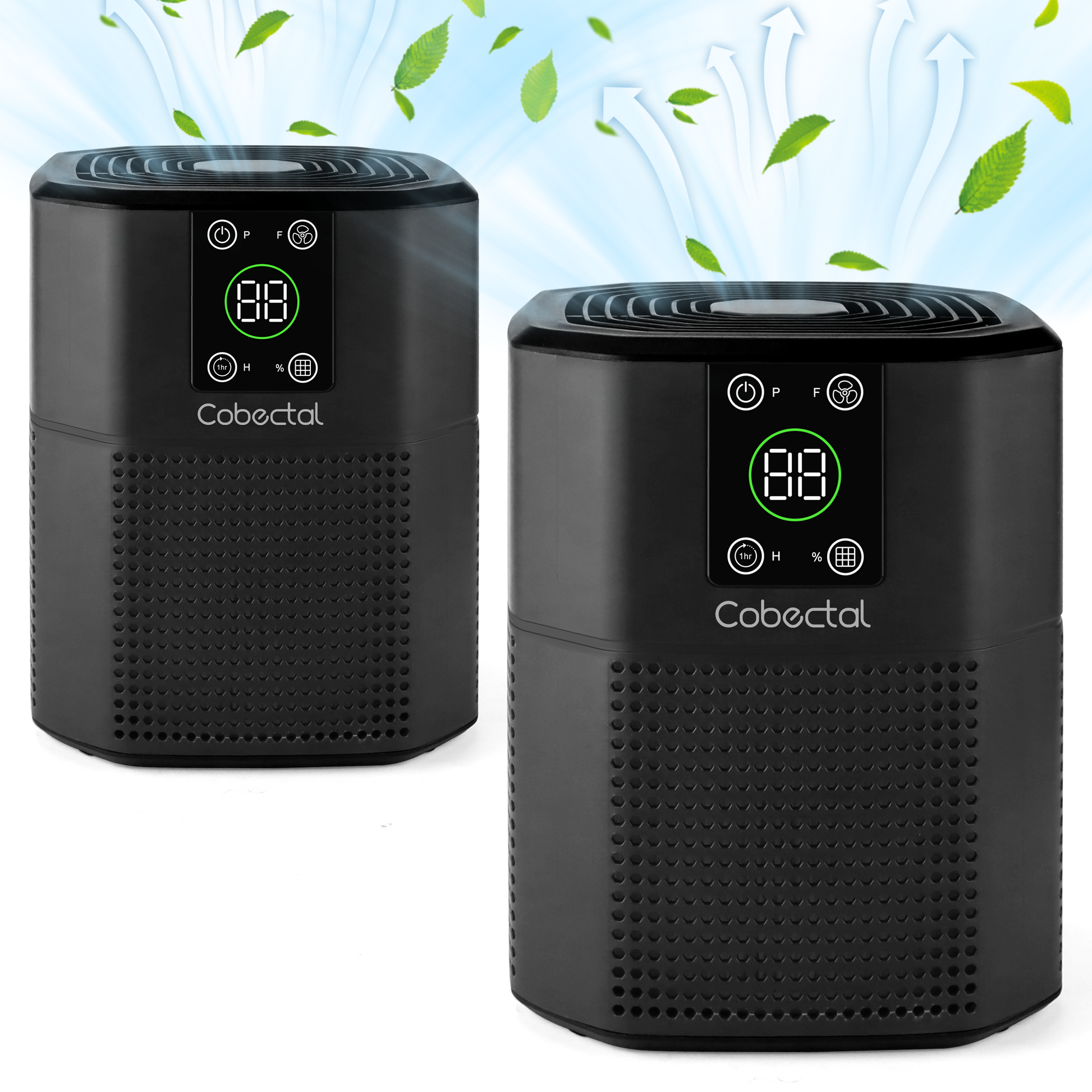 Two black Cobectal ZQ2000A-B air purifiers with digital displays, touch controls, and green leaves and airflow visuals for fresh air. 