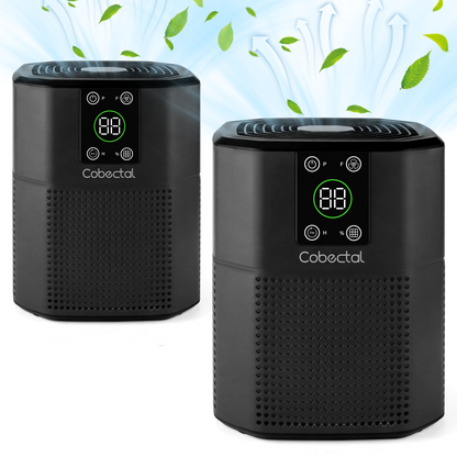 Two black Cobectal ZQ2000A-B air purifiers with digital displays, touch controls, and green leaves and airflow visuals for fresh air. 