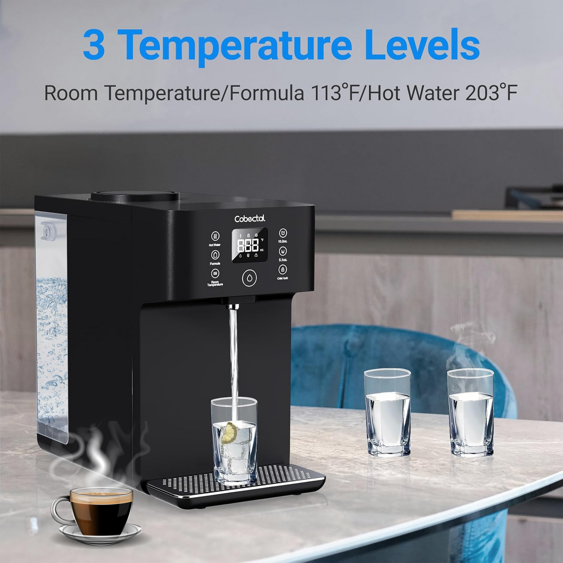 Cobectal Reverse Osmosis Water Filter, 3 temperature levels (room temp, 113°F formula, 203°F hot) for versatile use.