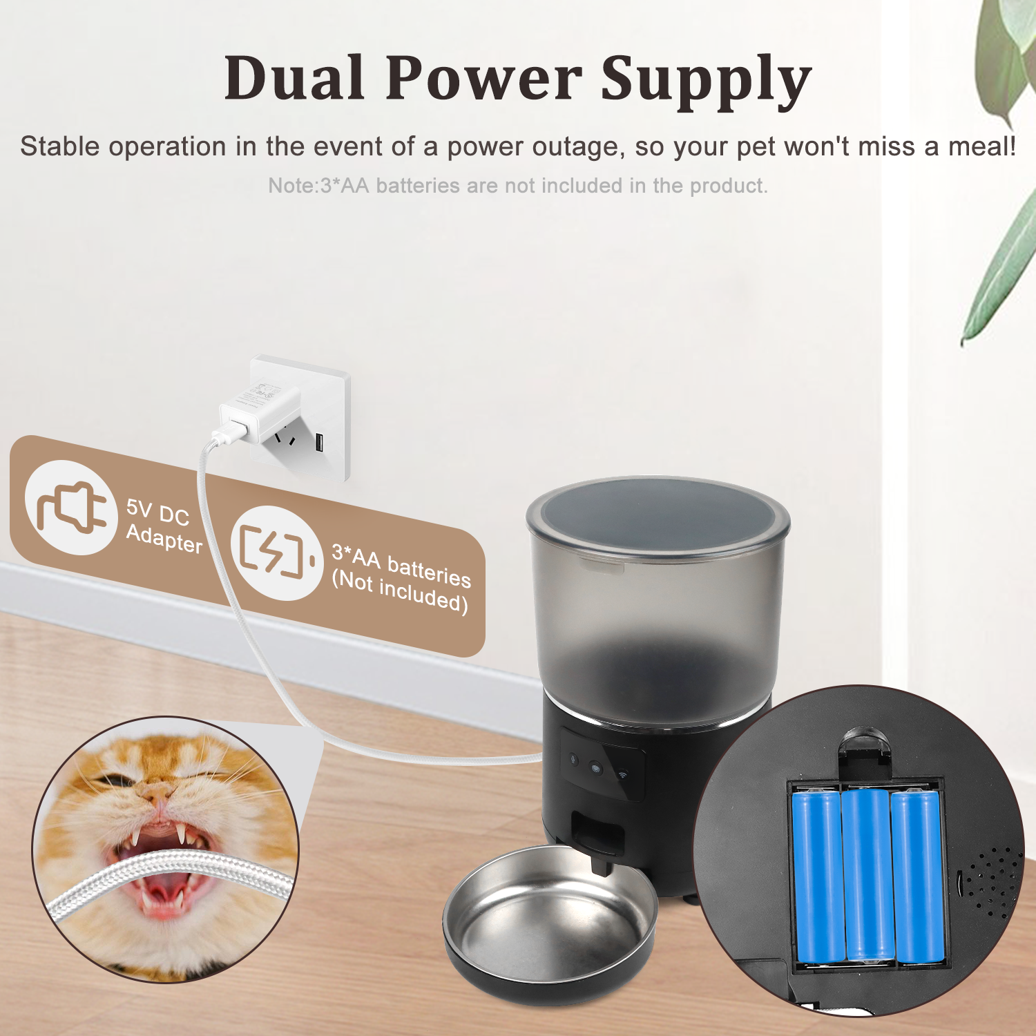 Cobectal Automatic Pet Feeder with Dual Power Supply: Operates via 5V DC adapter or 3*AA batteries (not included), ensuring stable feeding even during power outages—your pet never misses a meal.