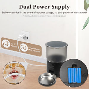 Cobectal Automatic Pet Feeder with Dual Power Supply: Operates via 5V DC adapter or 3*AA batteries (not included), ensuring stable feeding even during power outages—your pet never misses a meal.