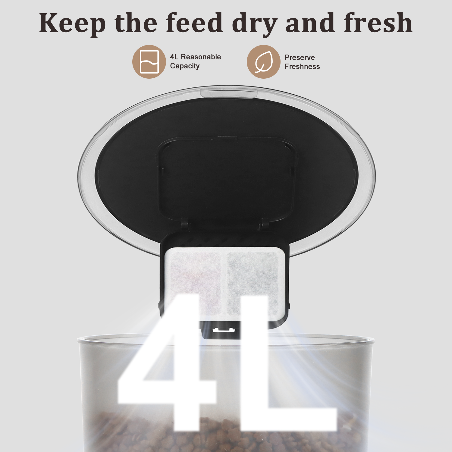 Cobectal Automatic Pet Feeder: 4L capacity with moisture-proof design, keeping pet food dry and fresh. Ensures your pet’s meals stay tasty and nutritious for optimal feeding.
