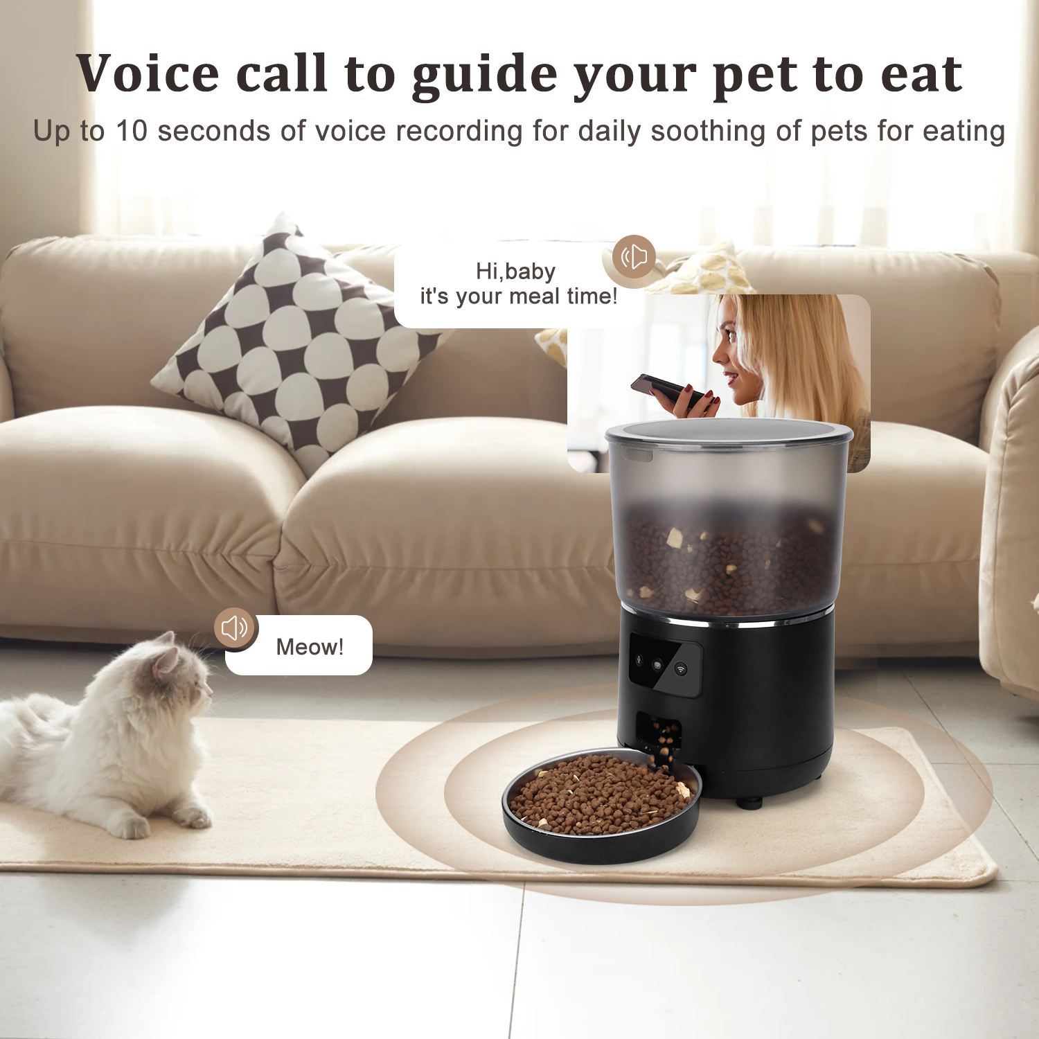 Cobectal Smart Automatic Pet Feeder: Features up to 10-second voice recording to guide your pet to eat, offering soothing prompts for timely meals—perfect for keeping your furry friend engaged and well-fed.