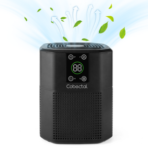 Cobectal air purifier (black). Digital display shows "88", touch controls. Fresh air flow with leaf accents. Compact, modern design for clean air in home and office.