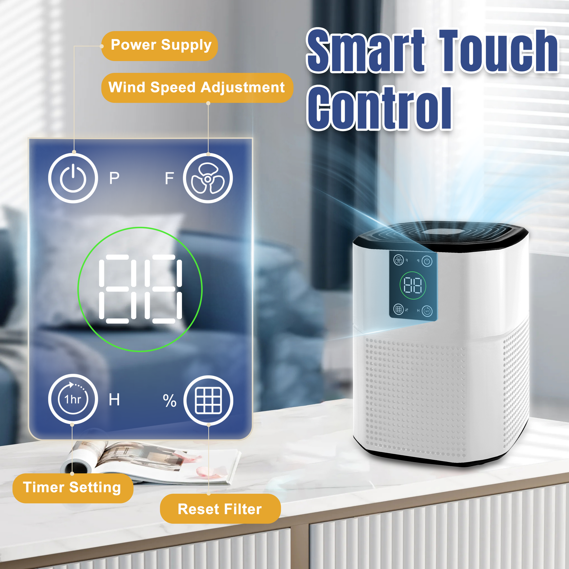 Cobectal Smart Touch Control air purifier. Features power supply, wind speed adjustment, timer setting, reset filter functions. Clear digital display, easy operation. Shown in a home setting for clean air.
