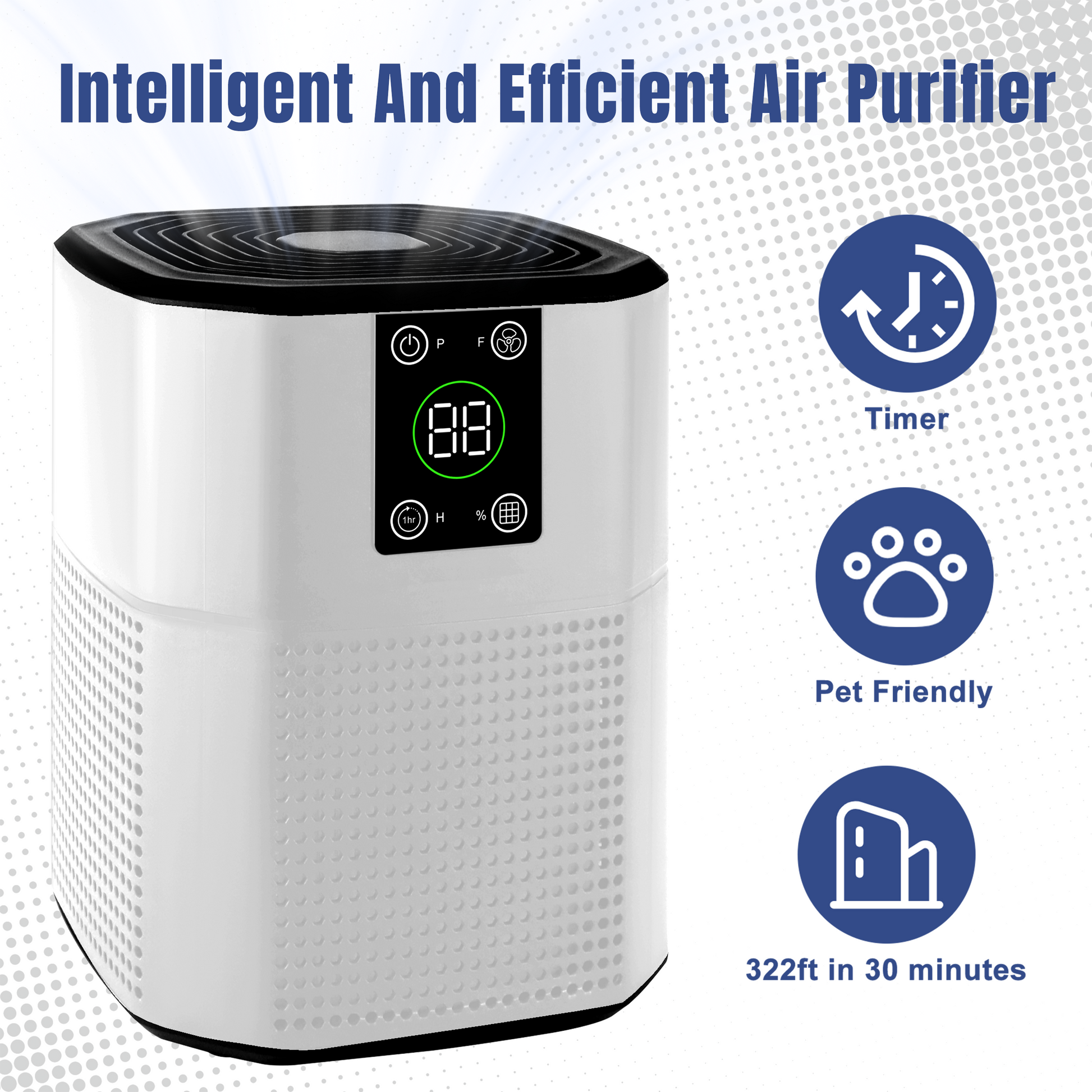 Cobectal Intelligent And Efficient Air Purifier. Features timer, pet - friendly design, covers 322ft in 30 mins. Clear digital display, compact white body. Ideal for clean air at home.