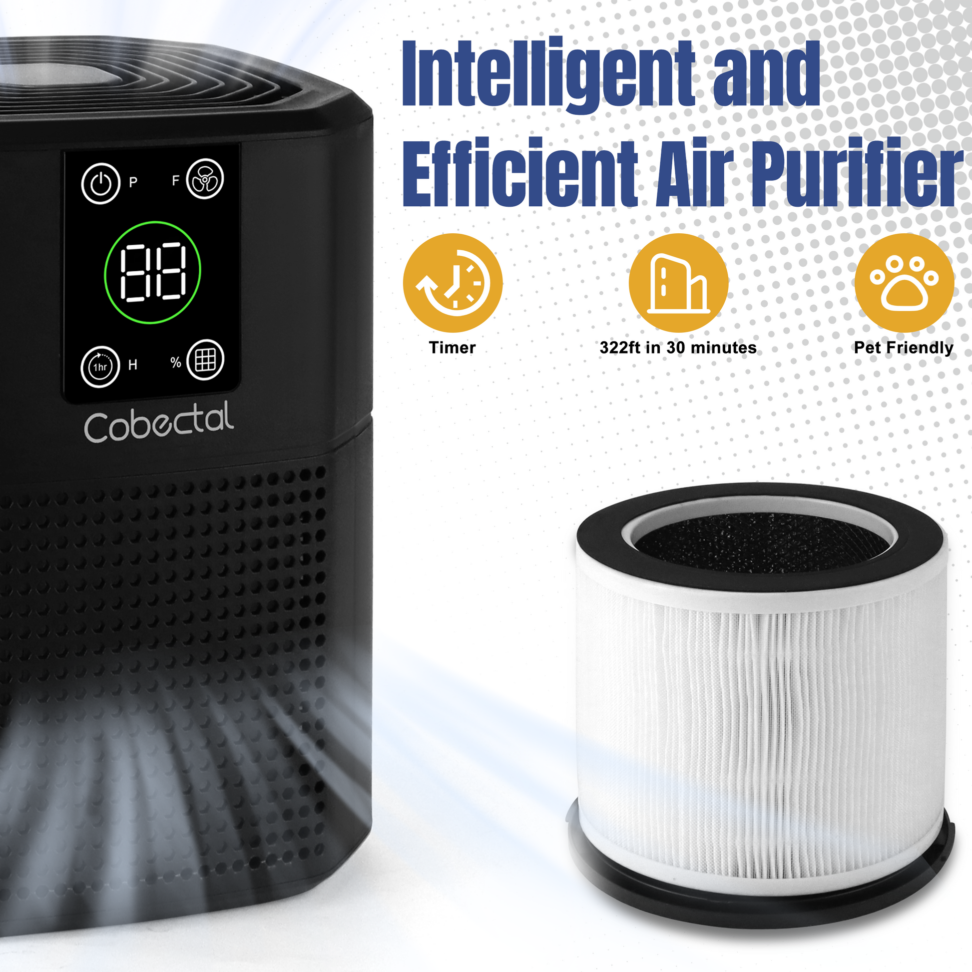 Cobectal Intelligent and Efficient Air Purifier. Features timer, covers 322ft² in 30 mins, pet - friendly. Clear display, comes with filter. Perfect for clean air needs.
