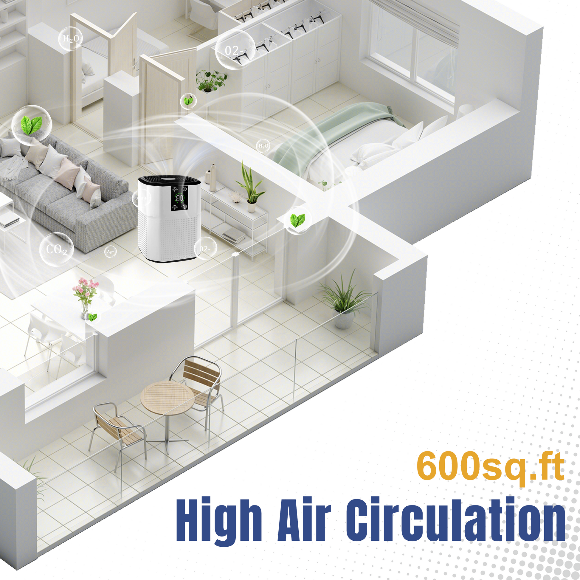Cobectal ZQ2000A Air purifier with high air circulation, covering 600 sq.ft. Visualized in a modern home layout, it spreads clean air (O₂, H₂O) across living spaces like the living room, bedroom, and dining area. Ideal for whole - home fresh air.
