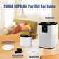 2000A HEPA Air Purifier for Home. Package includes air purifier, filter, installation guide, power adapter (inside device), user manual. Displayed on a wooden table with clear labeling, ideal for home use and easy setup.