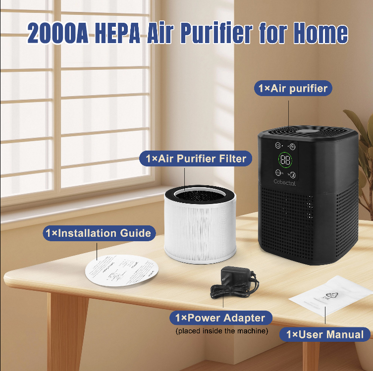 Cobectal 2000A HEPA Air Purifier for Home. Package includes air purifier, filter, installation guide, power adapter (inside device), user manual. Displayed on a wooden table with clear labeling, ideal for home use and easy setup. 