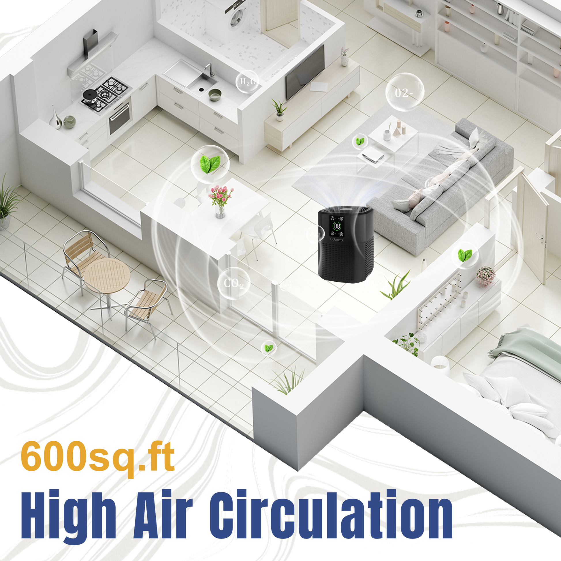 Cobectal Air purifier with 600 sq. ft high air circulation. Visualized in a modern home layout, it circulates clean air (H₂O, O₂, CO₂) across living spaces like kitchen, living room, bedroom. Ideal for whole - home fresh air.