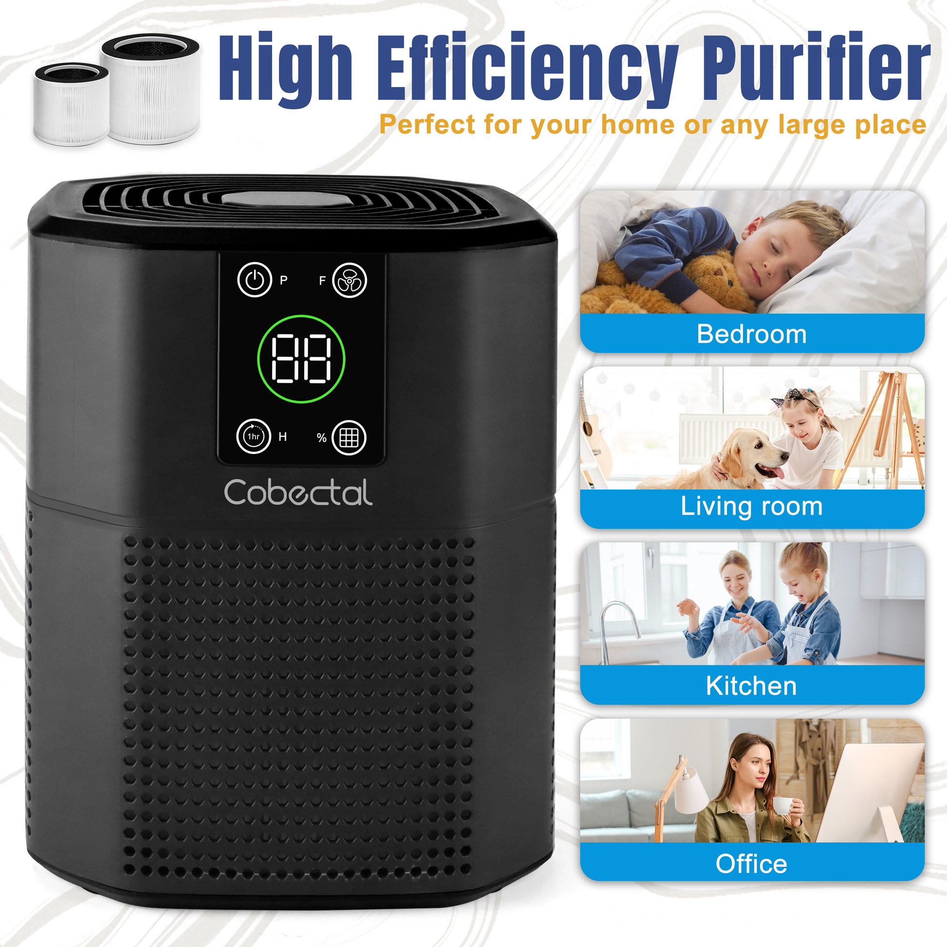 Cobectal High - Efficiency Air Purifier, perfect for home and large spaces. Works in bedroom, living room, kitchen, office. Features digital display, sleek design. Ensures clean air in daily areas. 