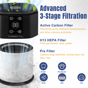 Cobectal air purifier with Advanced 3 - Stage Filtration. Active Carbon Filter handles odors, H13 HEPA traps allergens, Pre - Filter catches large particles. Icons show filtered pollutants like pollen, dust. Clear, informative for clean air.