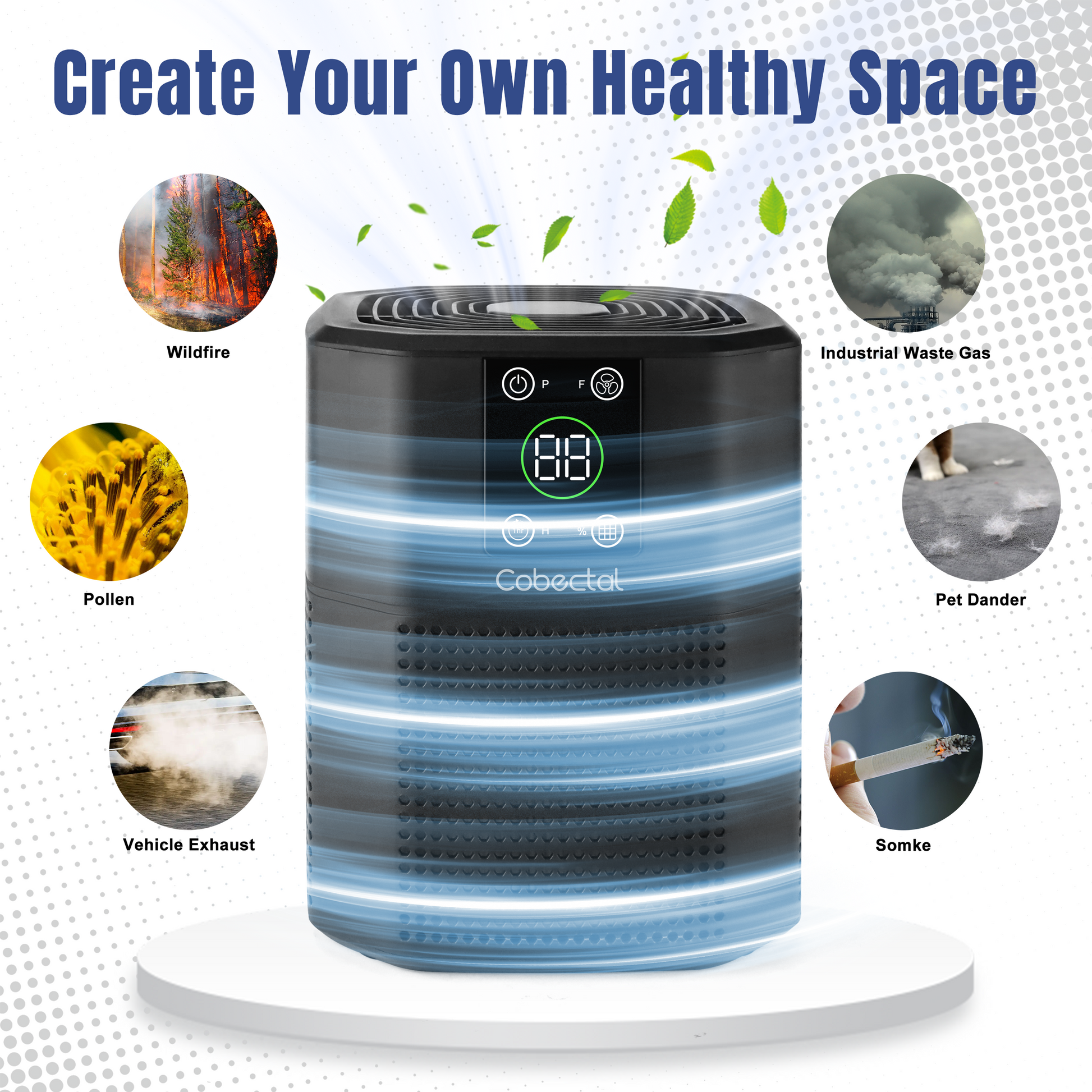 Cobectal air purifier create your healthy space filters wildfire smoke industrial waste gas pollen pet dander vehicle exhaust smoke visual air-cleaning streams digital display perfect for clean fresh air .