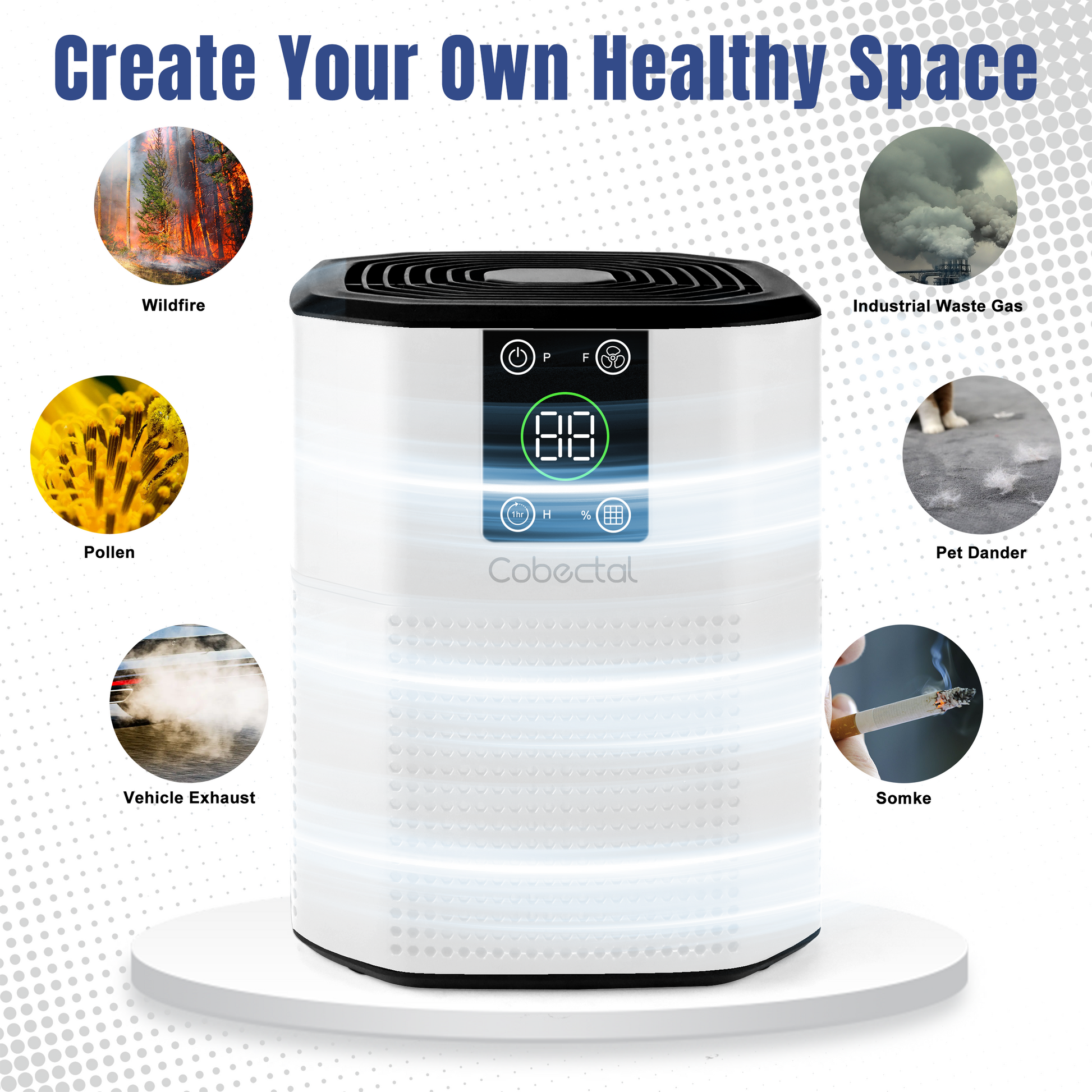 Cobectal air purifier helps create a healthy space. Filters wildfire smoke, industrial waste gas, pollen, pet dander, vehicle exhaust, smoke. Clear display, effective for clean air.