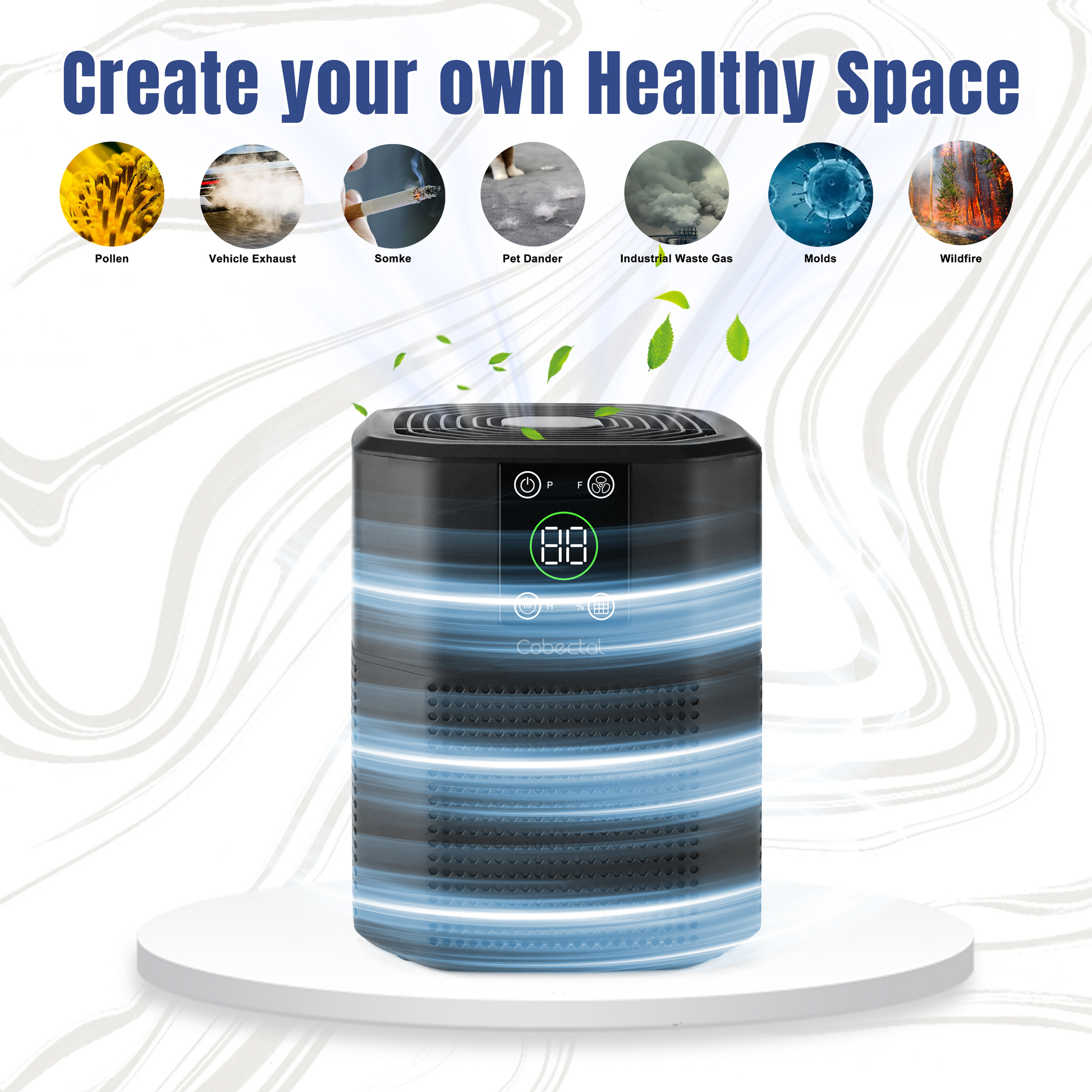Cobectal air purifier helps create a healthy space. Filters pollen,t, smoke, pet dander, industrial waste gas, molds, wildfire pollutants and more. Dynamic airflow design, clear display.