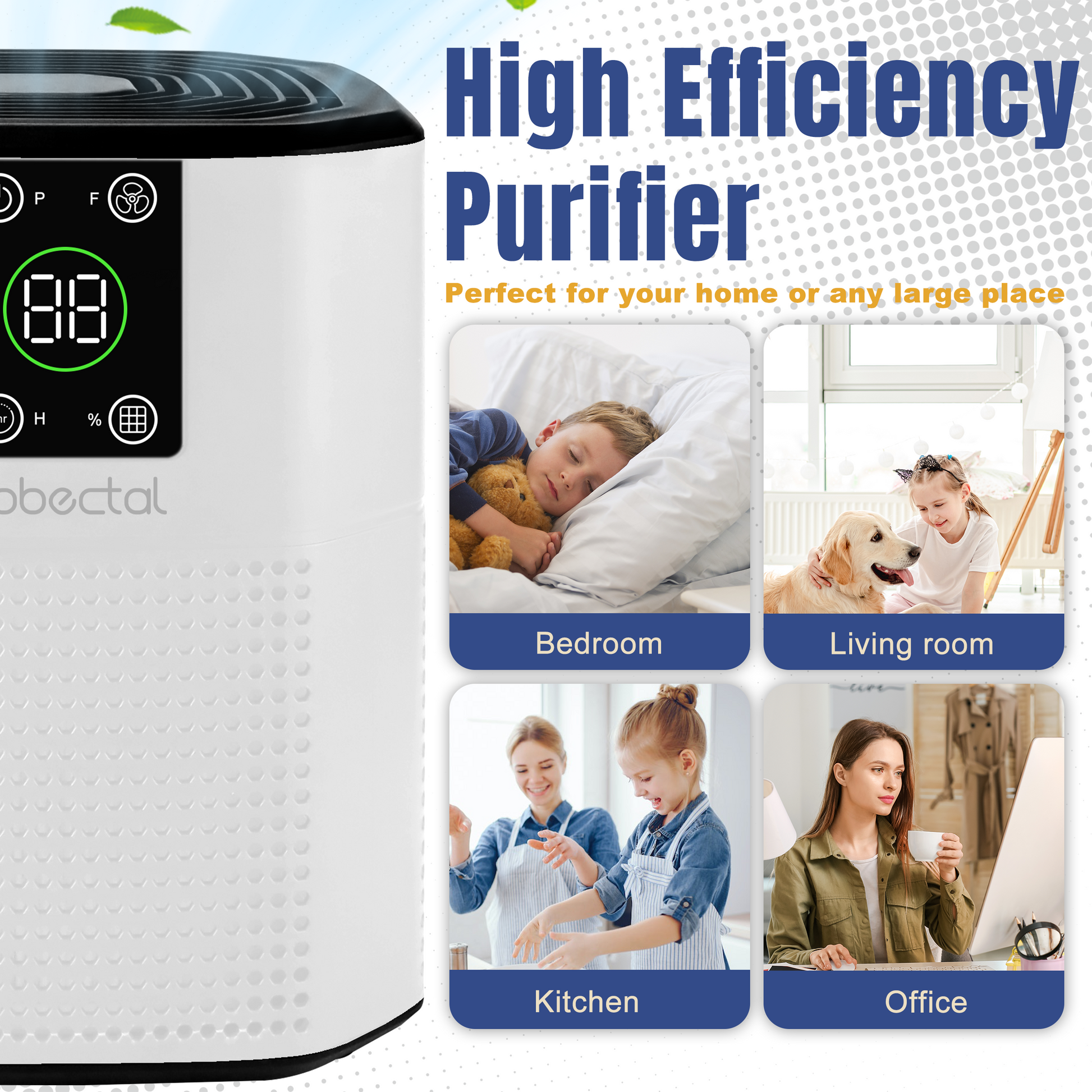Cobectal ZQ2000A High - Efficiency Air Purifier, perfect for home and large spaces. Works in bedroom, living room, kitchen, office. Clean design, digital display. Ensures fresh air in daily areas.