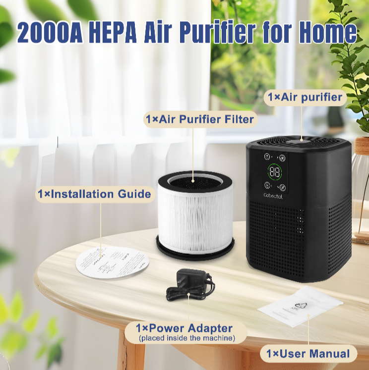 Cobectal 2000A HEPA Air Purifier for Home. Package includes air purifier, filter, installation guide, power adapter (inside device), user manual. Displayed on a wooden table with clear labeling, ideal for home use and easy setup.