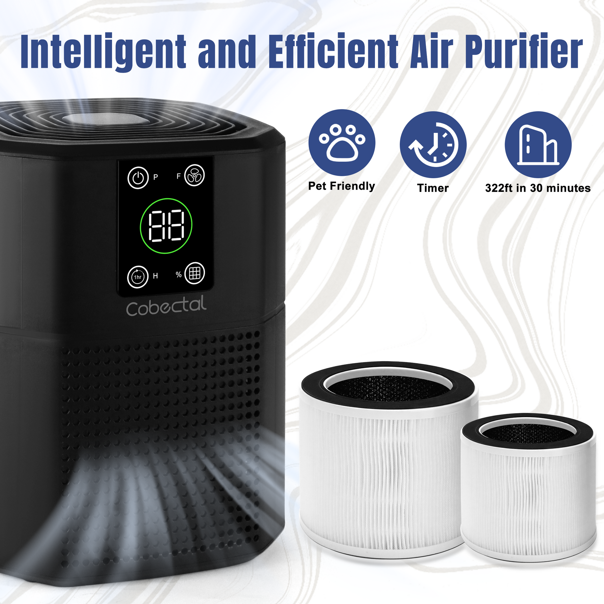 Cobectal Intelligent and Efficient Air Purifier. Features pet - friendly design, timer function, covers 322ft² in 30 mins. Includes filters, digital display. Ideal for clean air.