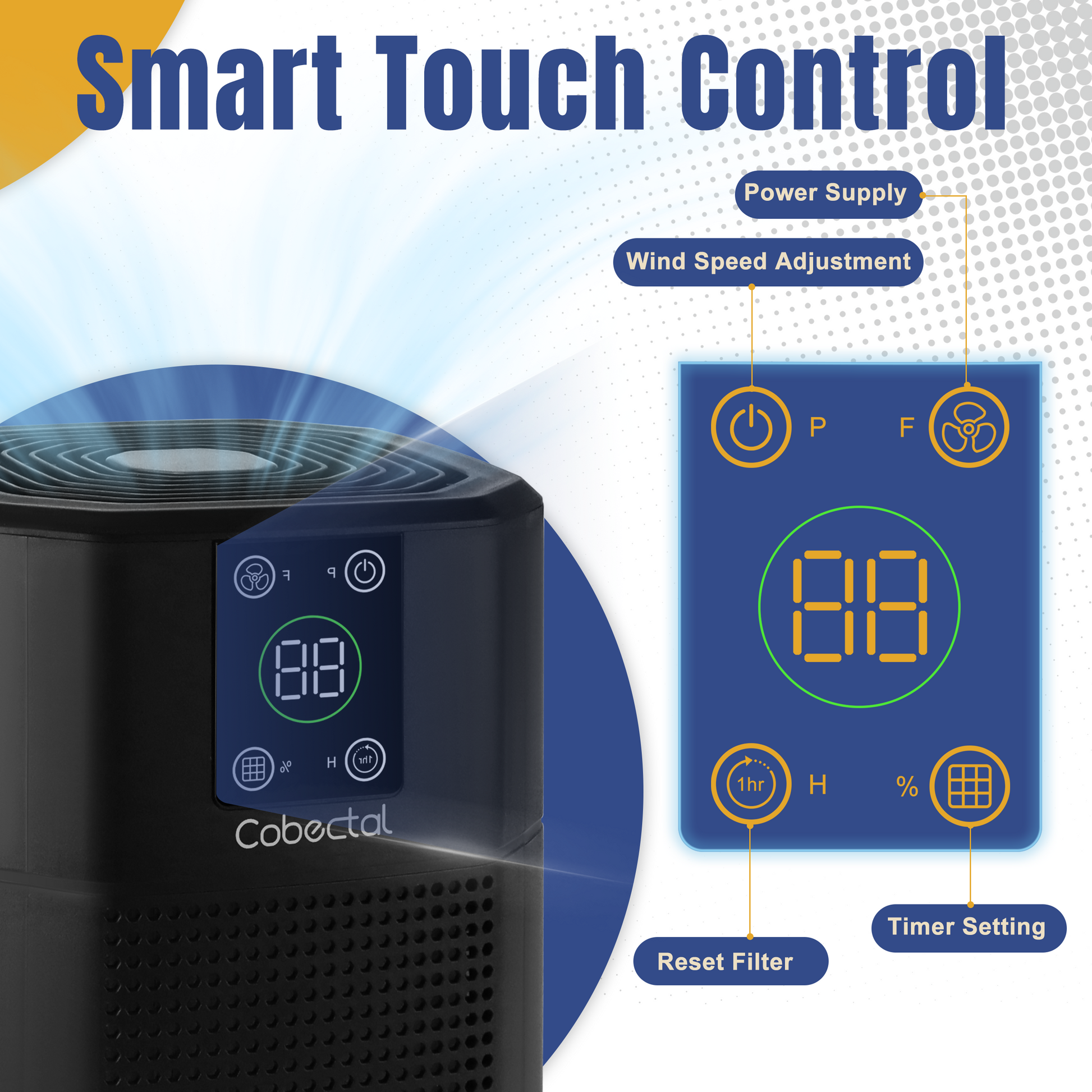 Cobectal air purifier with smart touch control. Features power supply, wind speed adjustment, timer setting, reset filter functions. Clear digital display for easy operation. 