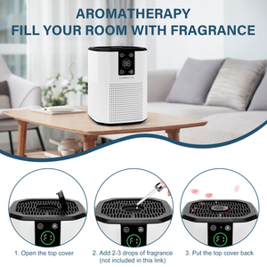 Cobectal air purifier with aromatherapy function. Shows 3 - step setup: open top cover, add 2 - 3 fragrance drops (not included), reattach cover. Fills room with scent, placed on a table in a cozy living space.