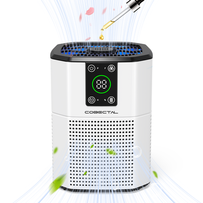 The Cobectal ZQ2000B Air Purifier has a sleek design, a digital display, an aroma dropper for scent, and uses airflow with green leaves imagery to signify fresh air delivery.