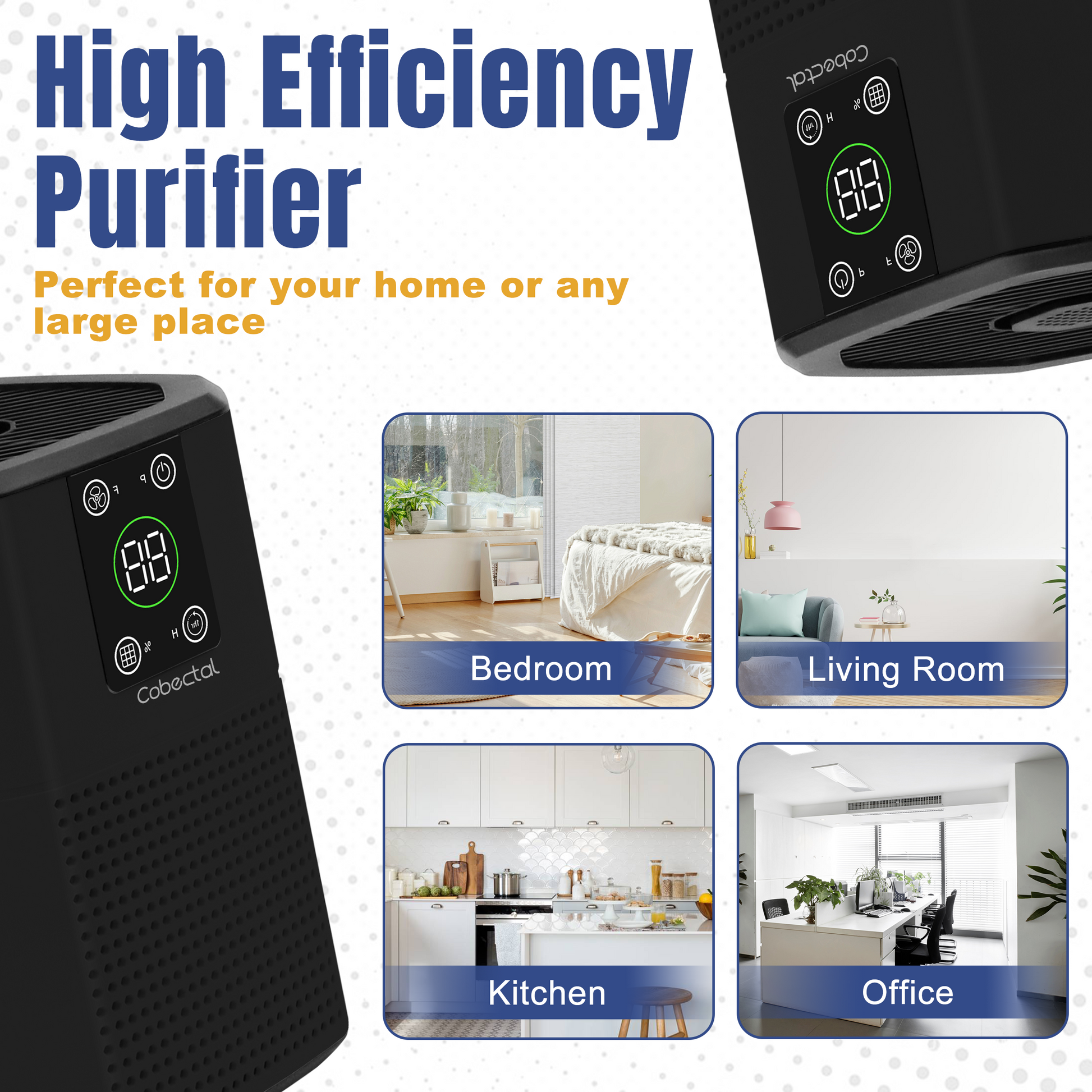 Cobectal High-Efficiency Air Purifier ideal for home and large spaces shown in bedroom, living room, kitchen, office compact black design with digital display powerful purification.