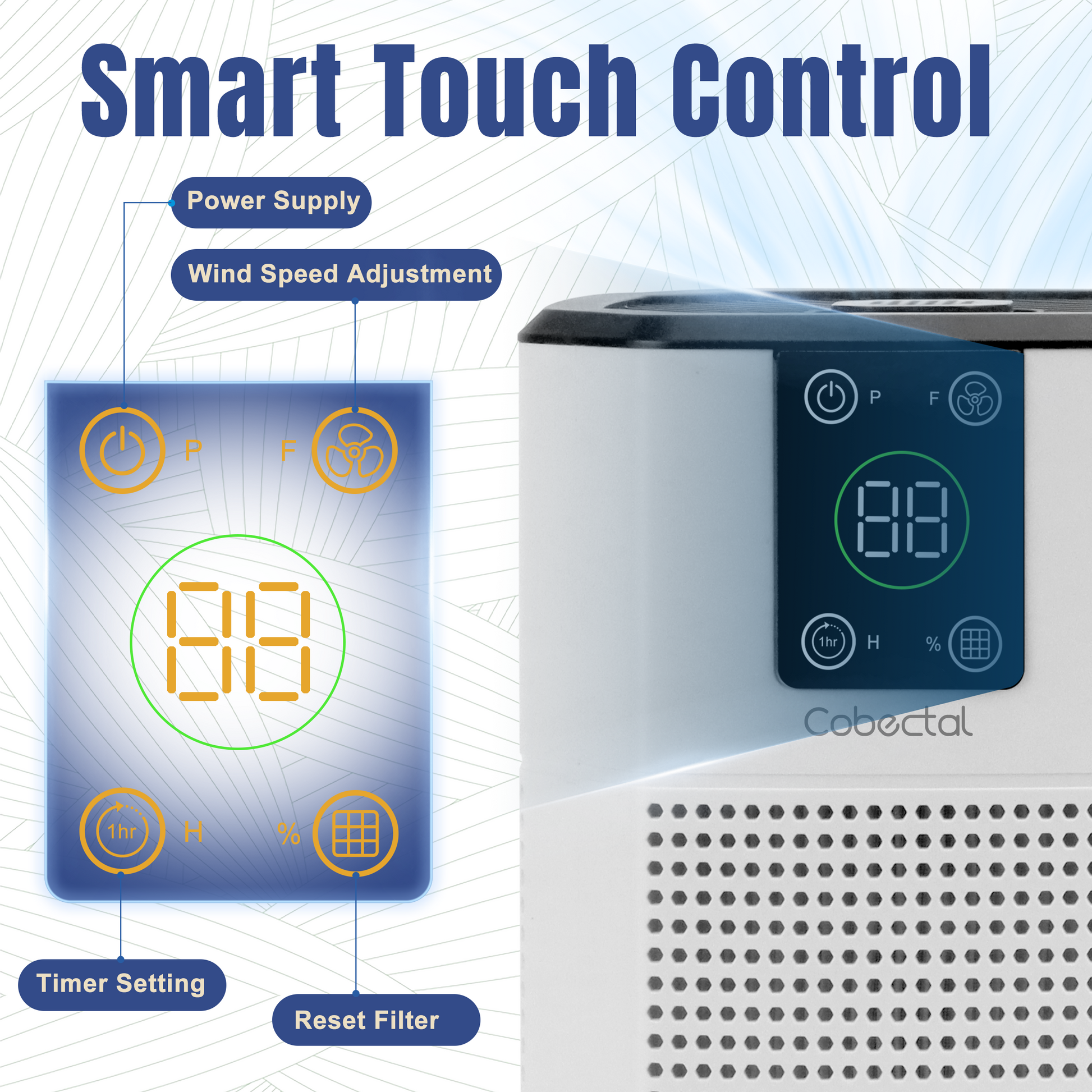 Cobectal air purifier smart touch control clearly labeled buttons for power, wind speed, timer, filter reset intuitive digital display shows functions at a glance perfect for easy, modern air purification control.