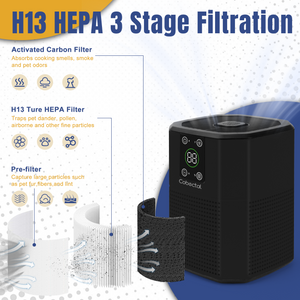 Cobectal ZQ2000C air purifier with H13 HEPA 3-stage filtration pre-filter (large particles) H13 True HEPA (fine particles) activated carbon (odors) and visual breakdown of filters and their functions.