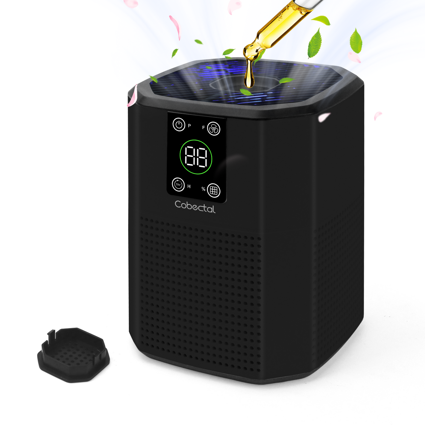 Cobectal ZQ2000C air purifier , sleek black design with digital display. Shown with essential oil being added, releasing fragrance. Includes all components for aromatherapy and purification.