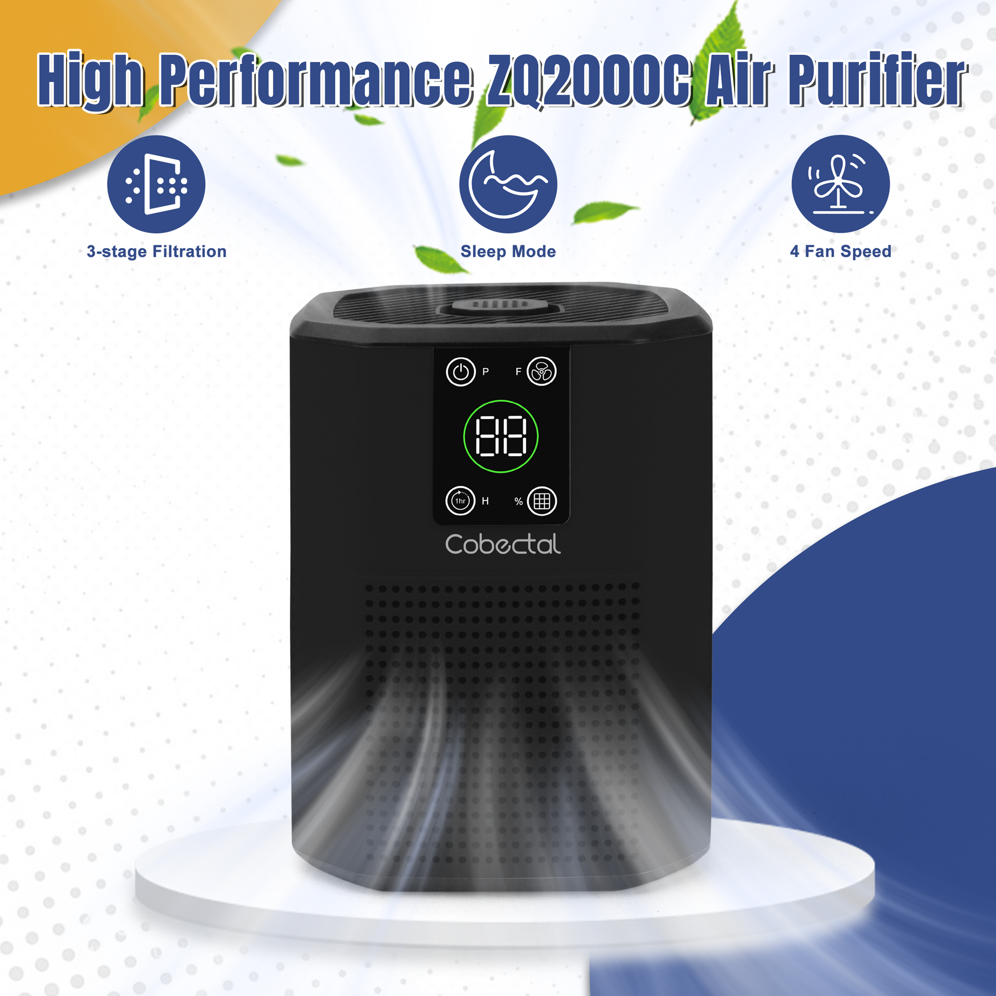 Cobectal High-Performance ZQ2000C Air Purifier features 3-stage filtration sleep mode 4 fan speeds compact black design with digital display showcasing key functions for clean air.