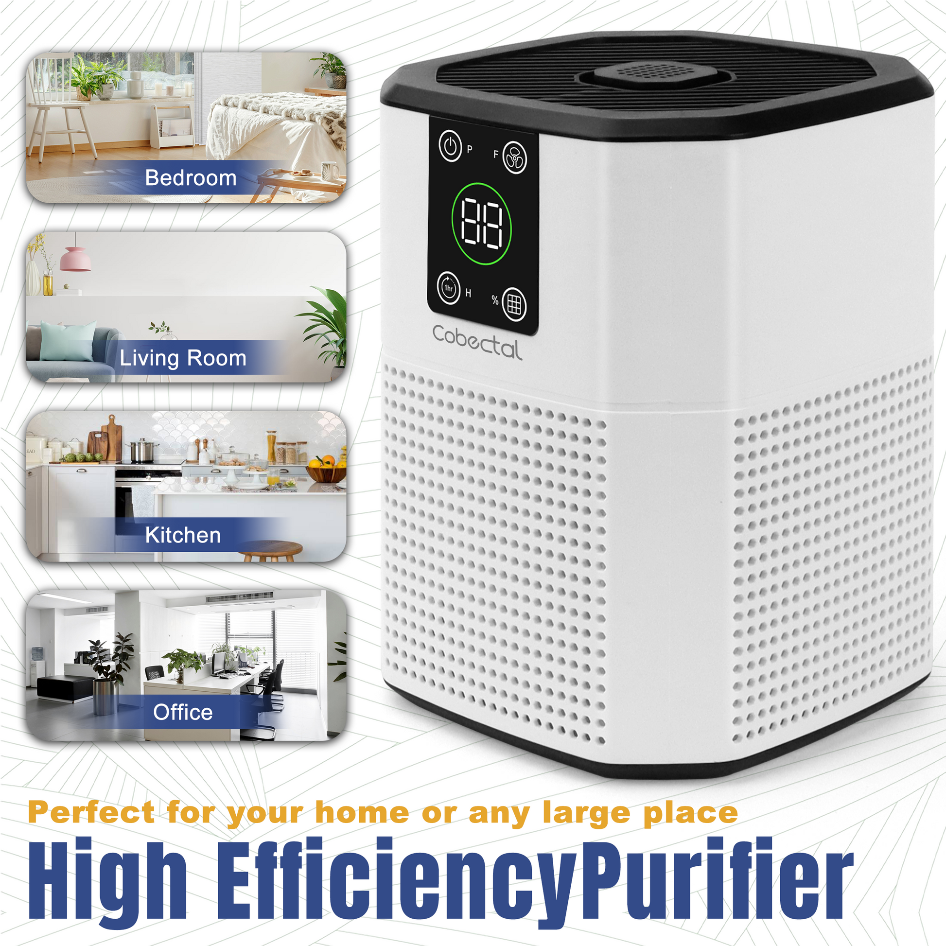 Cobectal High-Efficiency Air Purifier perfect for home and large spaces like bedroom, living room, kitchen, office compact design with digital display powerful purification.