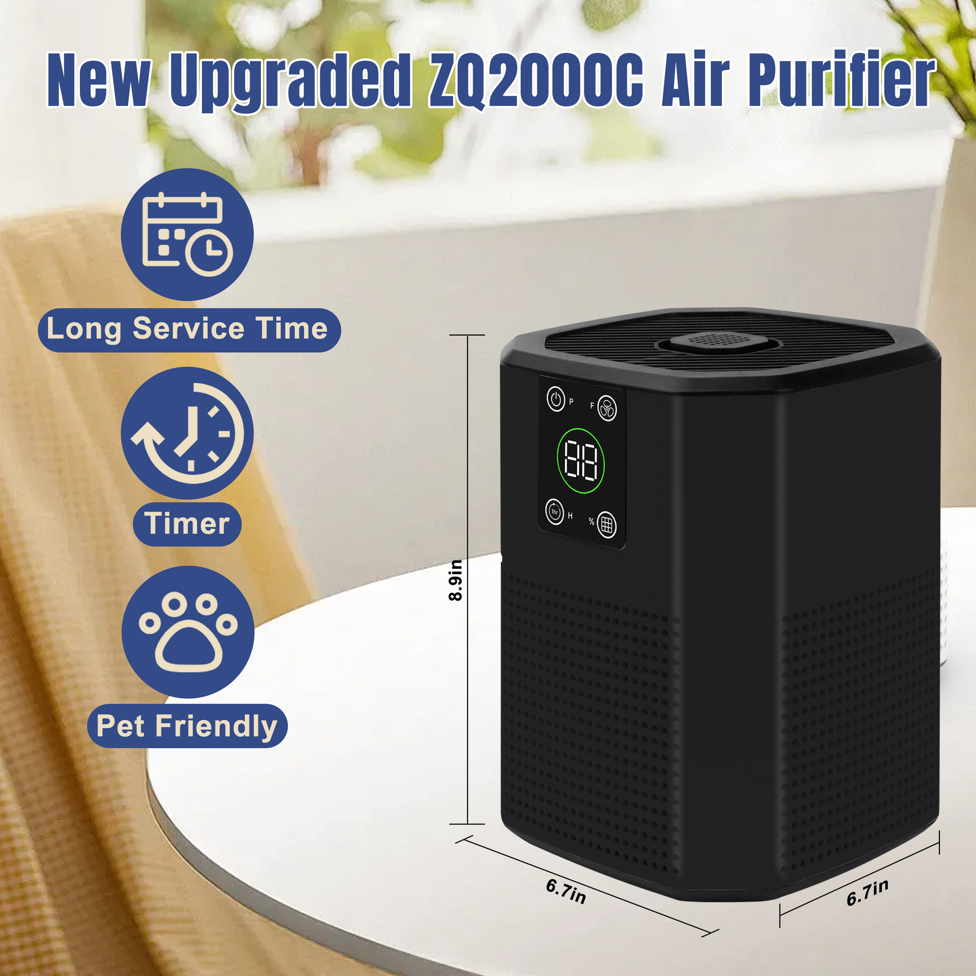 New Upgraded ZQ2000C Air Purifier compact black design (6.7x6.7x8.9in) featuring long service time timer pet-friendly with clear specs and icons for easy understanding