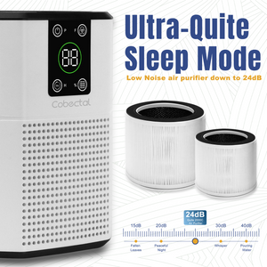 Cobectal air purifier in ultra-quiet sleep mode noise as low as 24dB features digital display comes with filters dB scale shows quiet operation for peaceful rest.