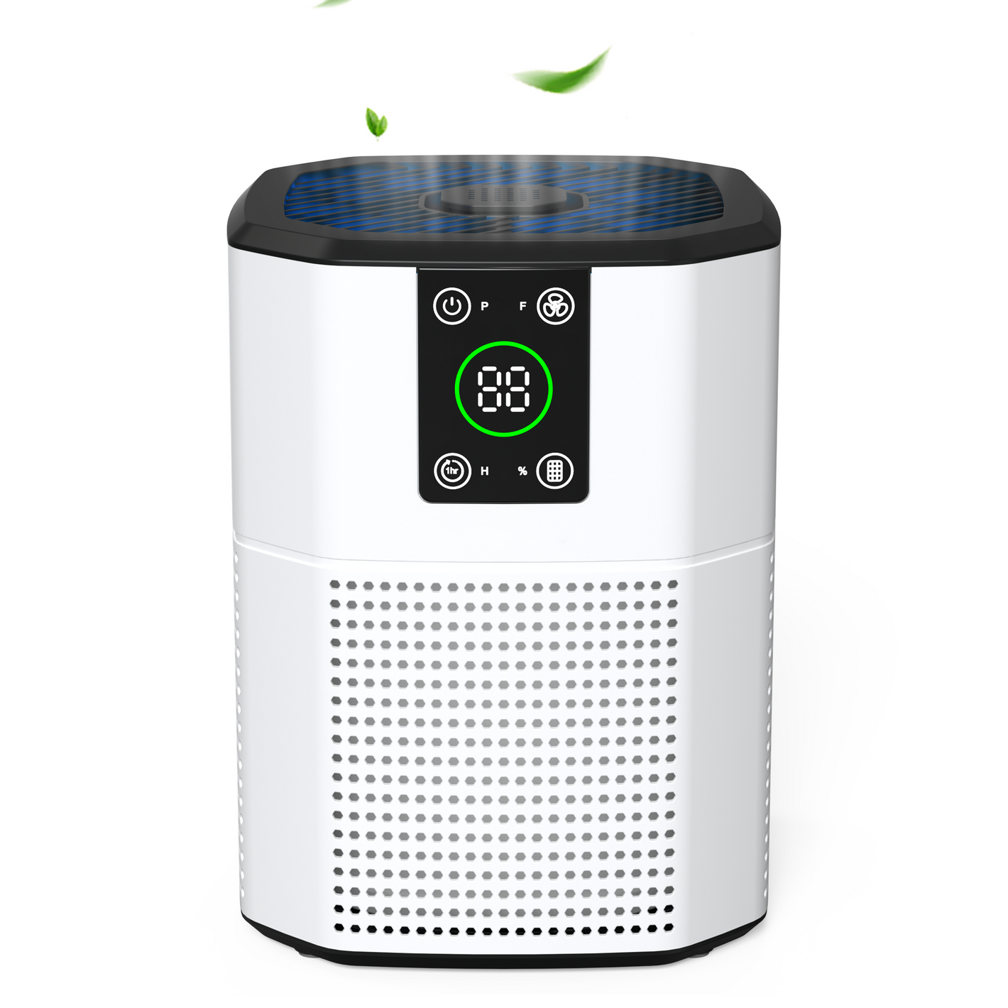 Sleek white Cobectal air purifier with a digital display. Features touch controls and subtle leaf accents for a fresh, modern vibe. Perfect for clean air and stylish home/office setups. 
