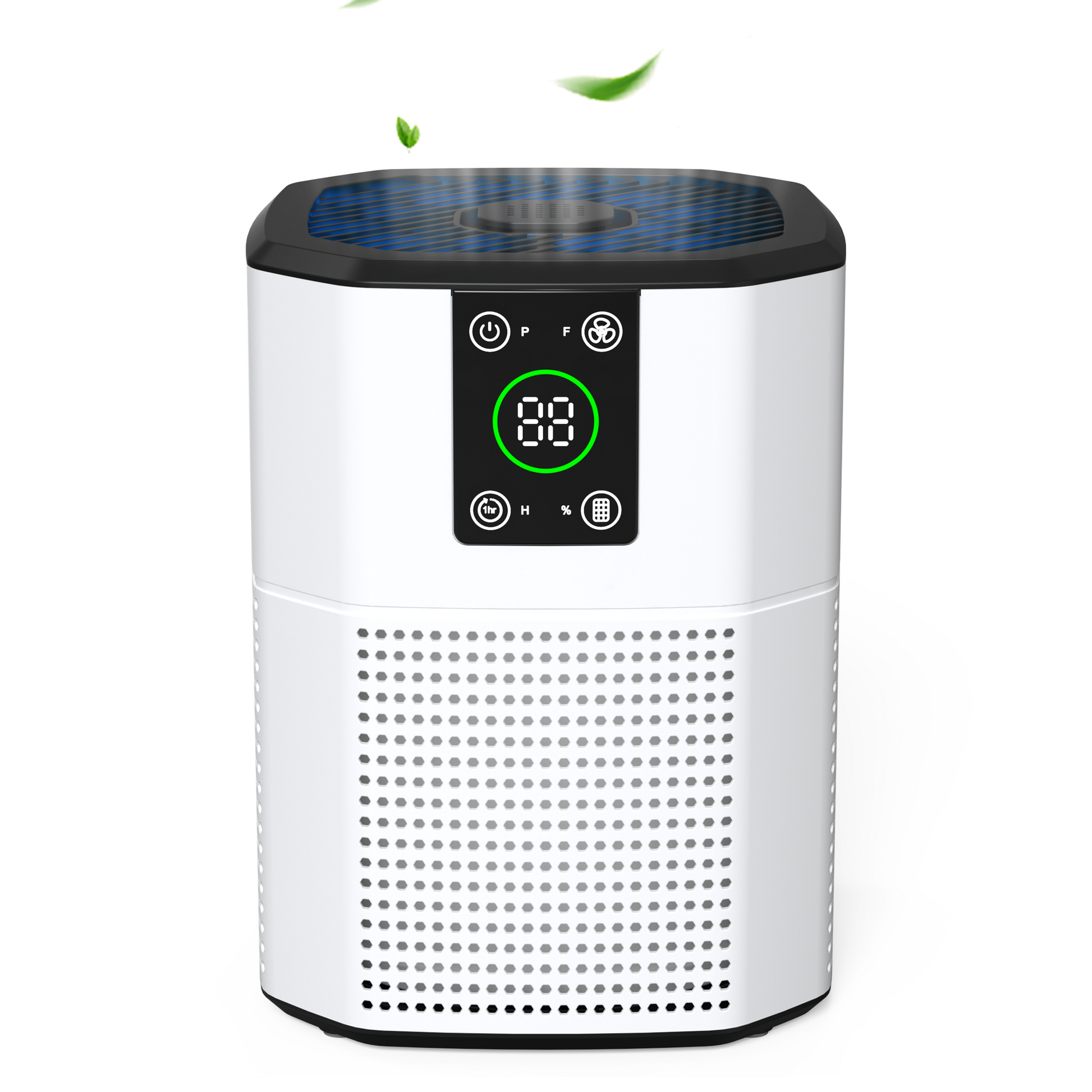 Sleek white Cobectal air purifier with a digital display. Features touch controls and subtle leaf accents for a fresh, modern vibe. Perfect for clean air and stylish home/office setups. 