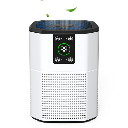 Sleek white Cobectal air purifier with a digital display. Features touch controls and subtle leaf accents for a fresh, modern vibe. Perfect for clean air and stylish home/office setups. 