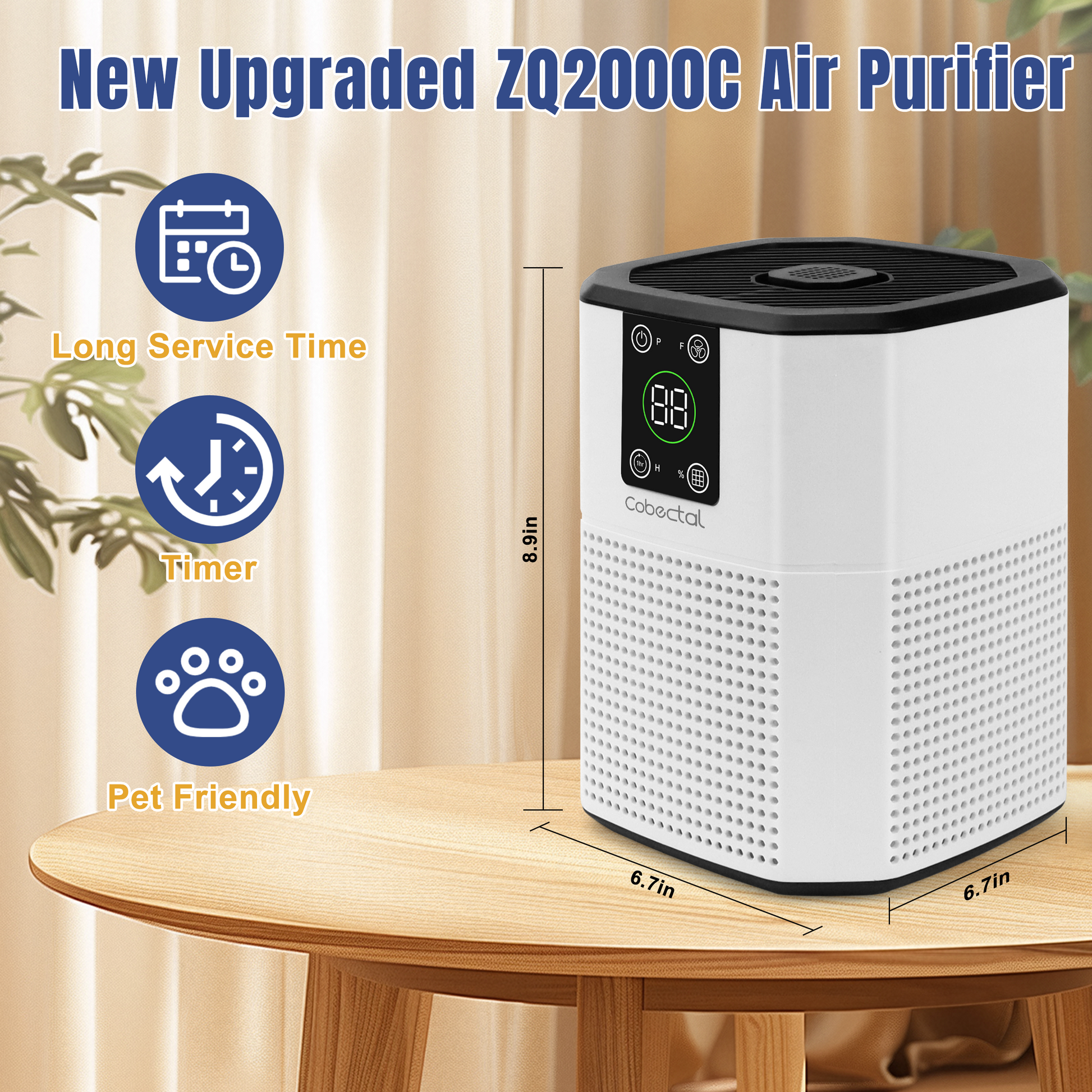 New Upgraded ZQ2000C Air Purifier compact design (6.7x6.7x8.9in) with long service time timer pet-friendly features clear specs and icons for easy understanding.