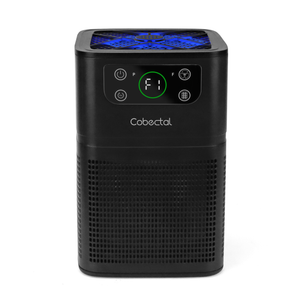 Black Cobectal 3000A air purifier with blue top lighting, a front display  and surrounding function buttons.  Against a pure white background.